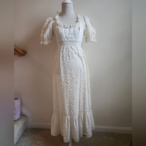 Vintage 70s Womens White Cotton Boho Crochet Maxi Mexican Wedding Dress S